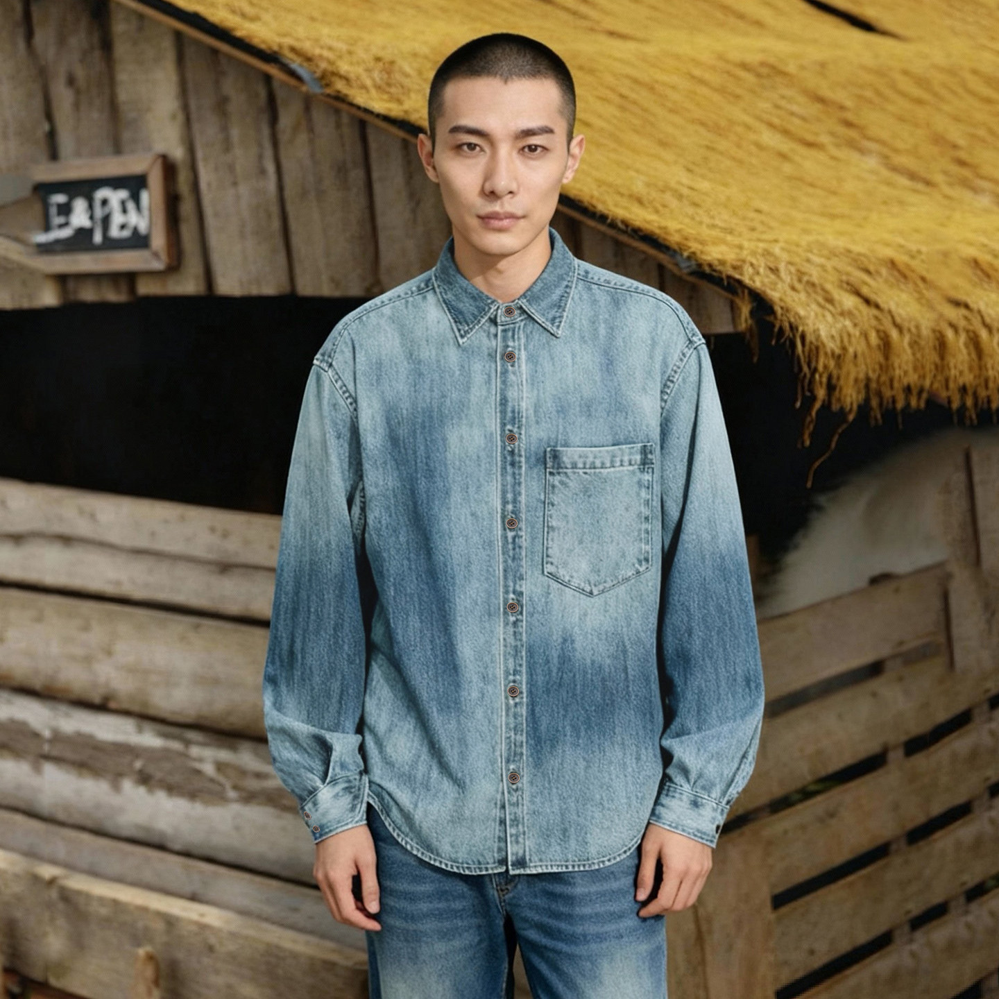 时尚复古宽松牛仔衬衫男