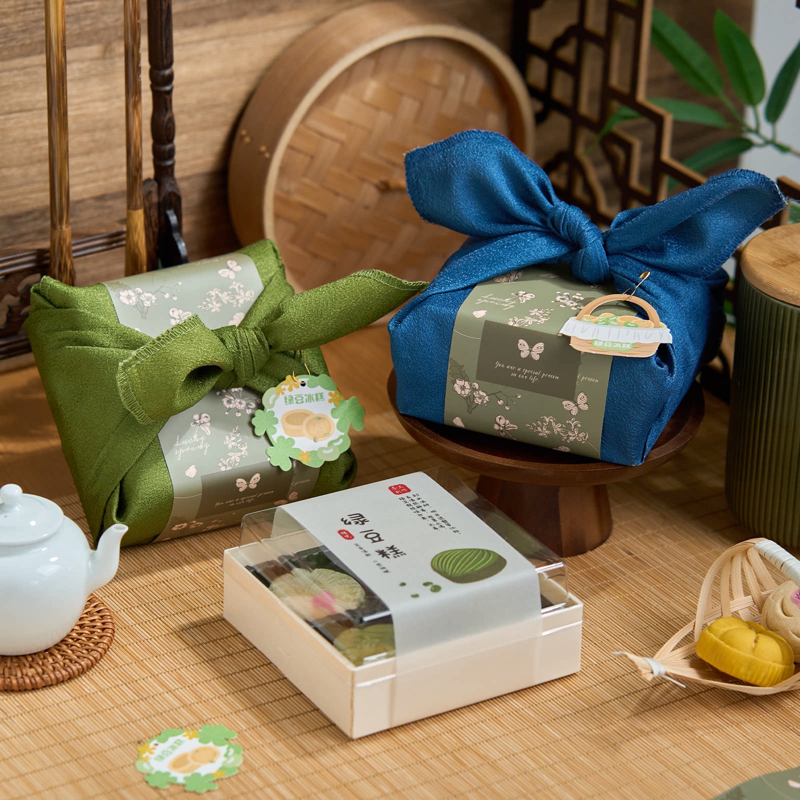 绿豆糕包装盒包裹布青团流心酥月饼点心饼干礼盒子装饰布丝巾方巾