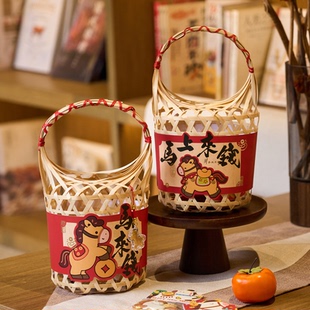 2026新年礼盒竹篮礼品盒年货包装盒马年牛轧糖雪花酥饼干空盒子