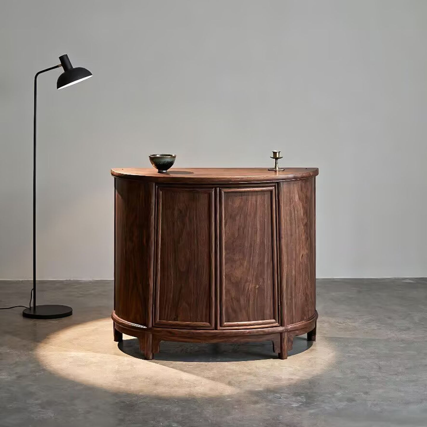 新中式北美黑胡桃木餐边柜宋式美学极简玄关柜客厅实木半圆储物柜