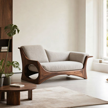 新中式北美黑胡桃木布艺贵妃椅别墅客厅现代简约轻奢实木双人沙发