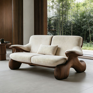 侘寂风北美黑胡桃木异形沙发组合别墅客厅创意设计款 实木布艺沙发