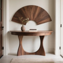 新中式 美学极简端景台客厅实木玄关柜 北美黑胡桃木半圆玄关桌宋式