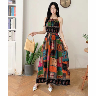 复古风印花海边沙滩裙波西米亚吊带裙长裙连衣裙棉绸人造棉收腰