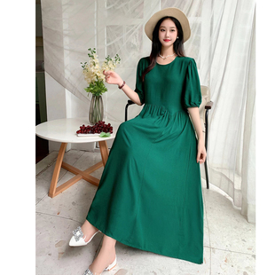 清仓宽松韩版收腰棉绸纯色连衣裙长裙遮肚子显瘦海边胖MM人造棉