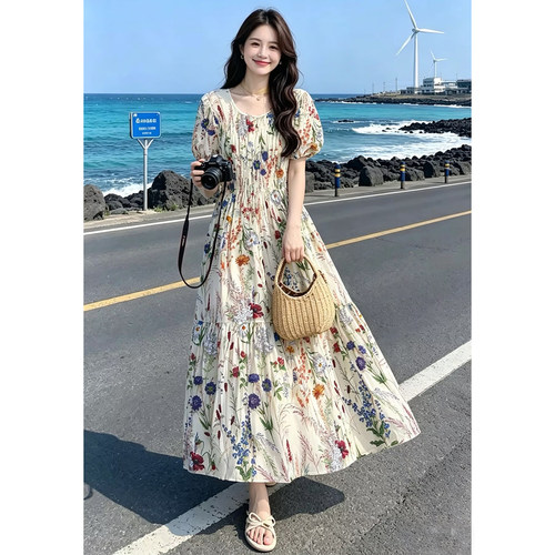 度假风棉绸印花高腰显瘦连衣裙