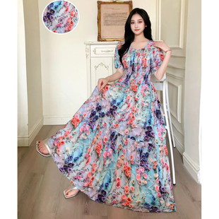 复古法式泡泡袖优雅大摆裙连衣裙长裙棉绸碎花夏季显瘦收腰度假裙