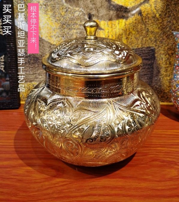 巴基斯坦铜雕手工艺品花瓶聚财聚宝盆金钱罐客厅玄关招财进宝摆件