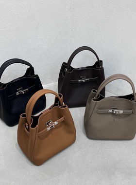 2025新款荔枝纹手提水桶包休闲时髦子母包斜跨包腋下包女包凯莉包