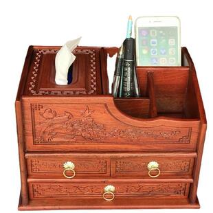 花梨木桌面收纳盒 多功能抽纸盒抽屉扣盖多格收纳盒四面雕刻