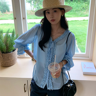 复古甜美气质时尚 微透小衫 法式 上衣 开衫 女长袖 木耳边防晒衬衫 薄款