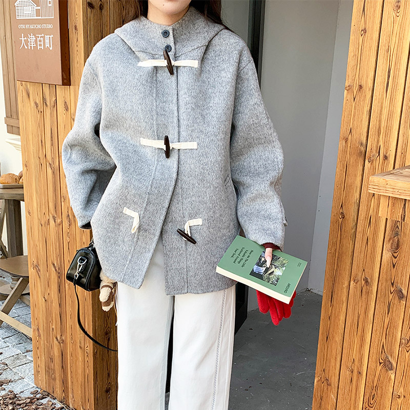 连帽牛角扣羊毛双面呢大衣女冬装流行韩系通勤时尚洋气高级感外套