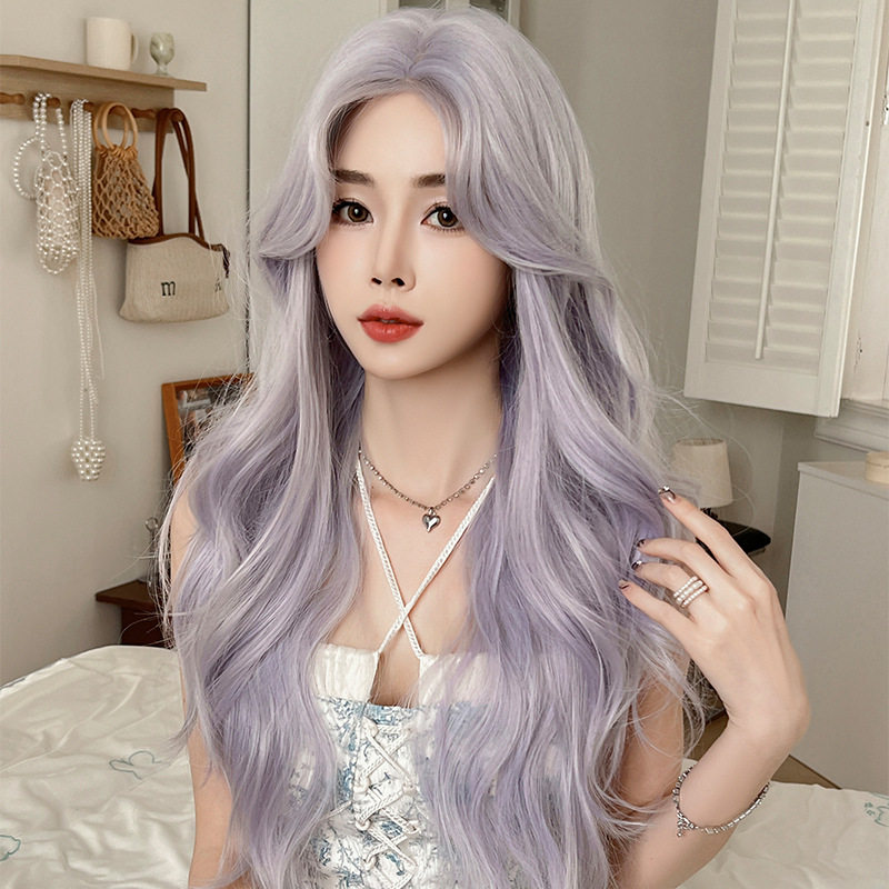 紫灰色假发女前手钩蕾丝中分大波浪长卷发假发套修脸仿真长发wigs