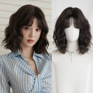 甜酷假发女八字中分刘海短卷发假发全头套蓬松仿真黑茶色短发wigs