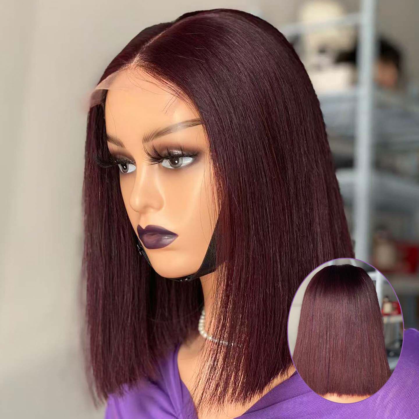 酒红色假发女前手织蕾丝中分刘海短发真发头套欧美短直发lace wig