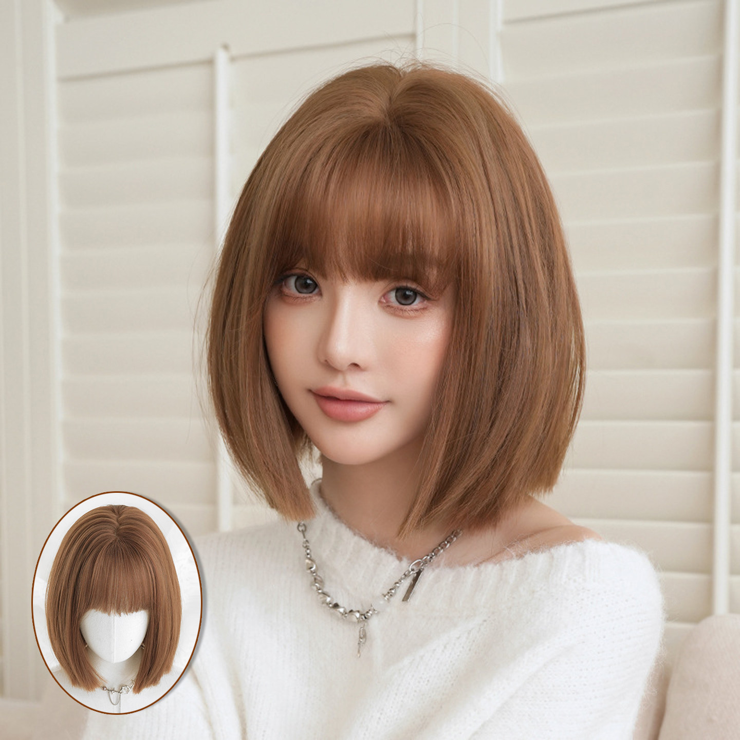 烤棕色假发女空气刘海短发假发全头套网红短直发齐肩发short wigs