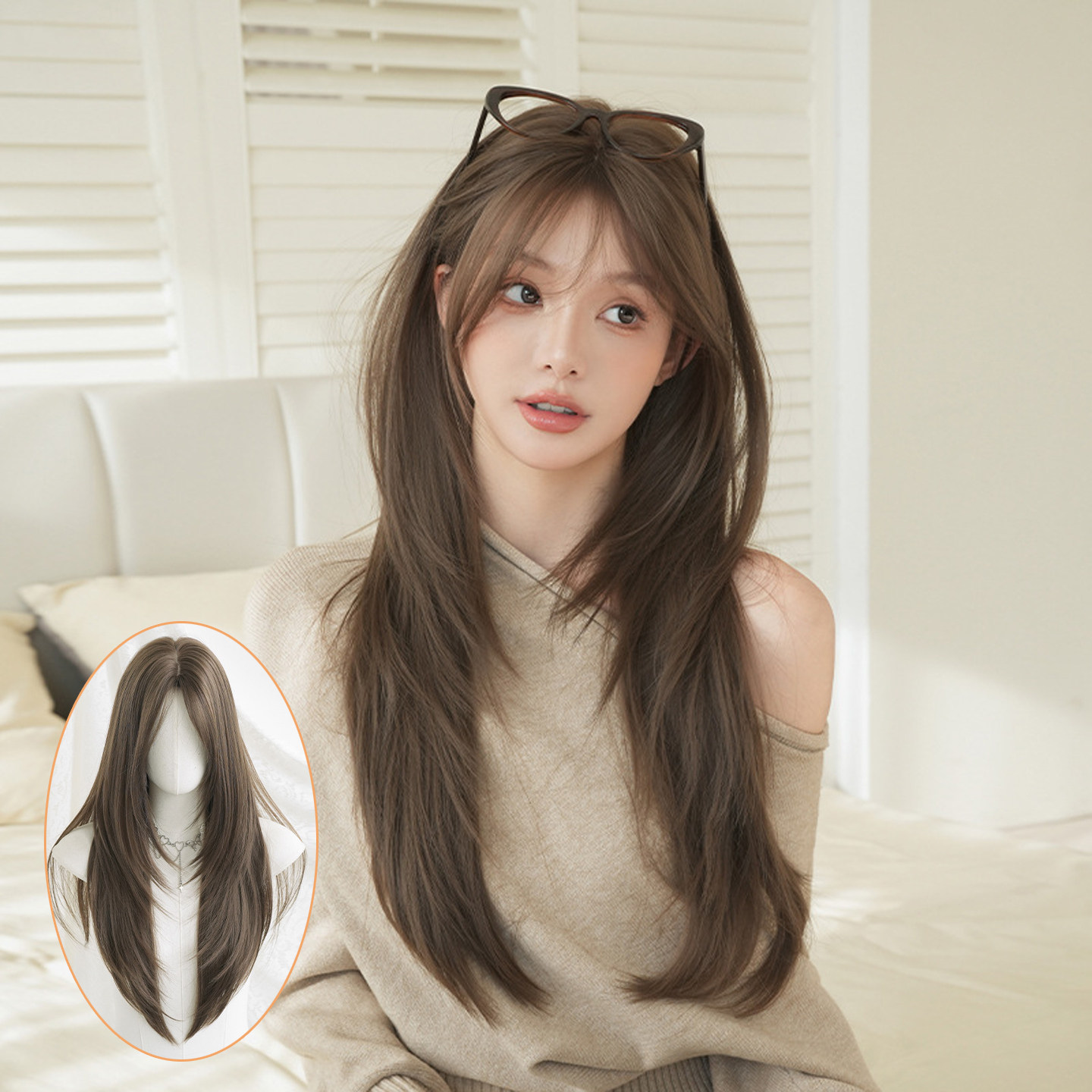 可可棕色假发女八字中分刘海高层次感长直发全头套甜修脸长发wigs