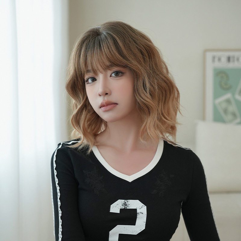 韩式假发女空刘海短卷发假发全头套仿真发渐变金色头顶染短发wigs