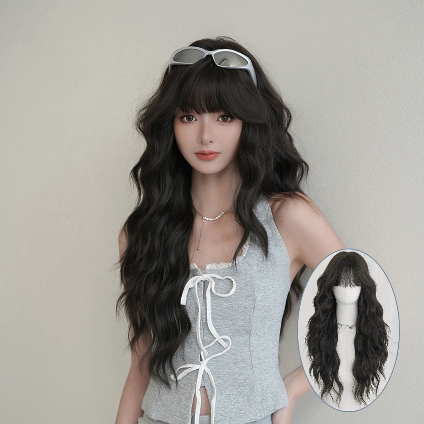 黑棕色假发女齐刘海蓬松长卷发全头套日韩风仿真发波浪卷发wigs