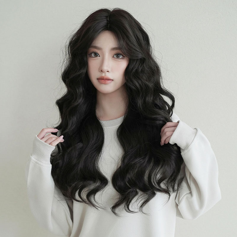 日韩版黑茶色假发女中分刘海长卷发仿真发层次感波浪卷长发套wigs