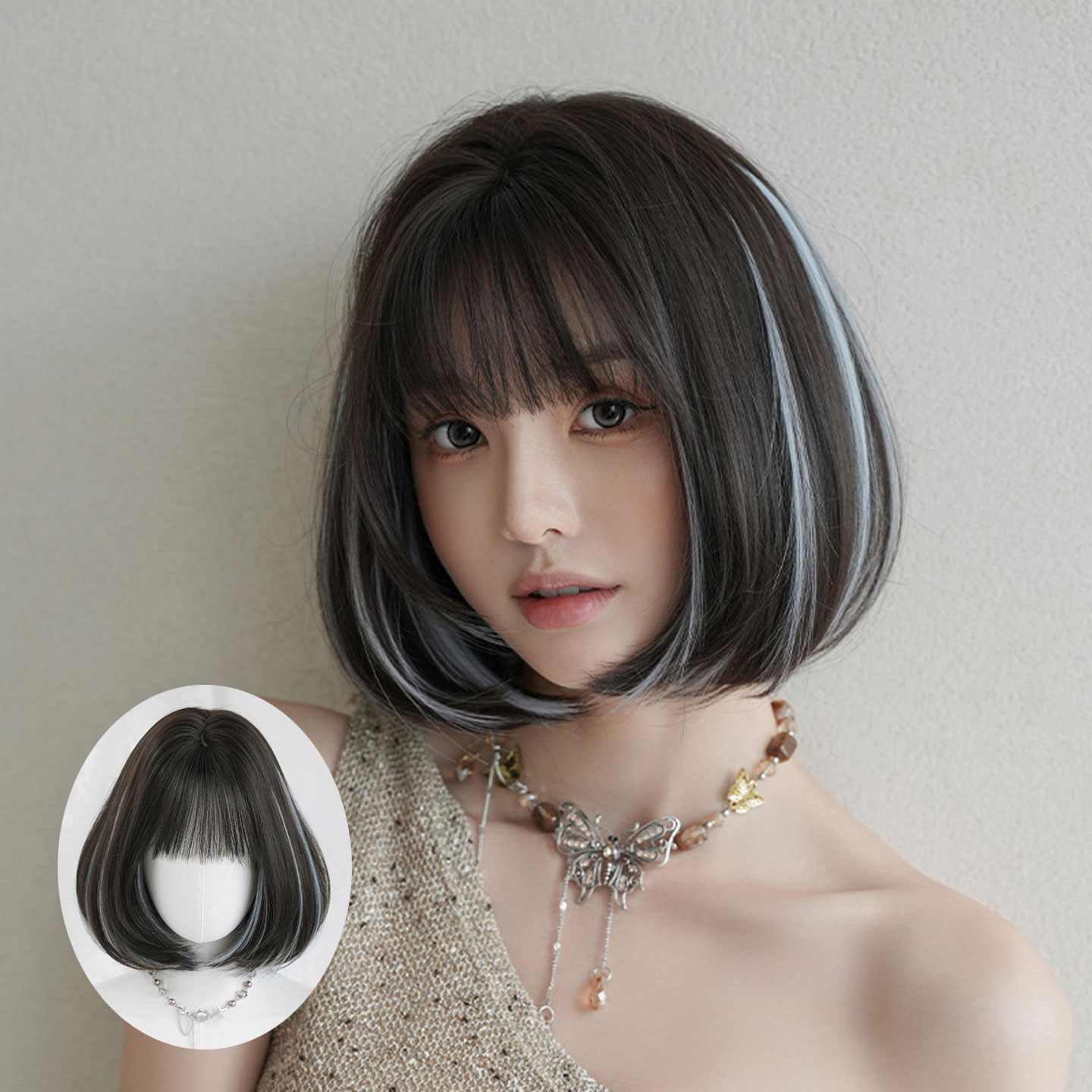 清水蓝色挑染假发女齐刘海内扣短直发假发套日韩式自然短发wigs