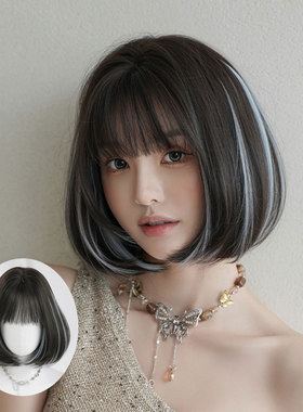 清水蓝色挑染假发女齐刘海内扣短直发假发套日韩式自然短发wigs