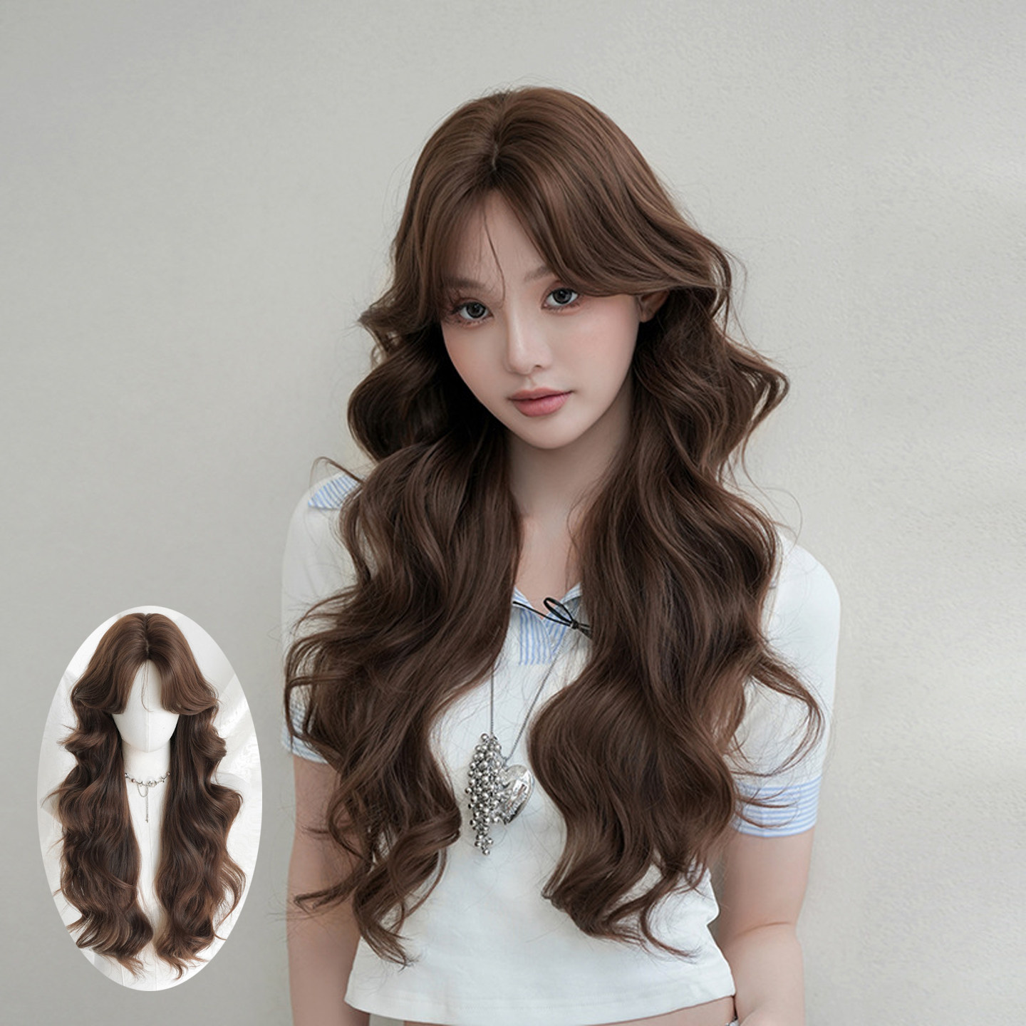 栗棕色假发女中分几字刘海层次长卷发假发套韩式蓬松甜美长发wigs