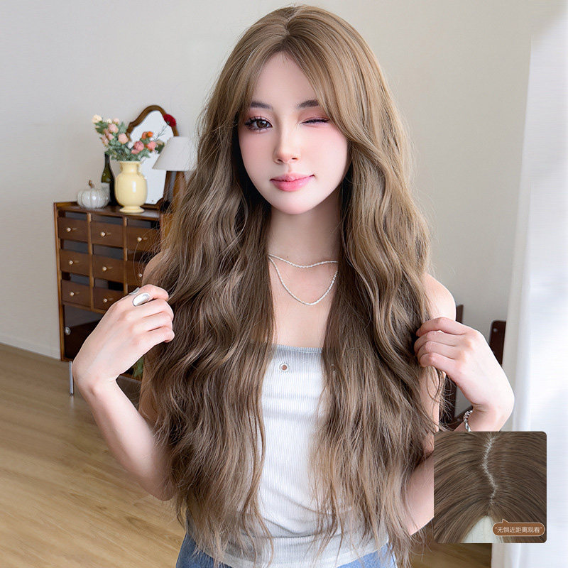 Lolita假发女手钩蕾丝中分长卷发假发头套亚麻浅棕波浪卷长发wigs