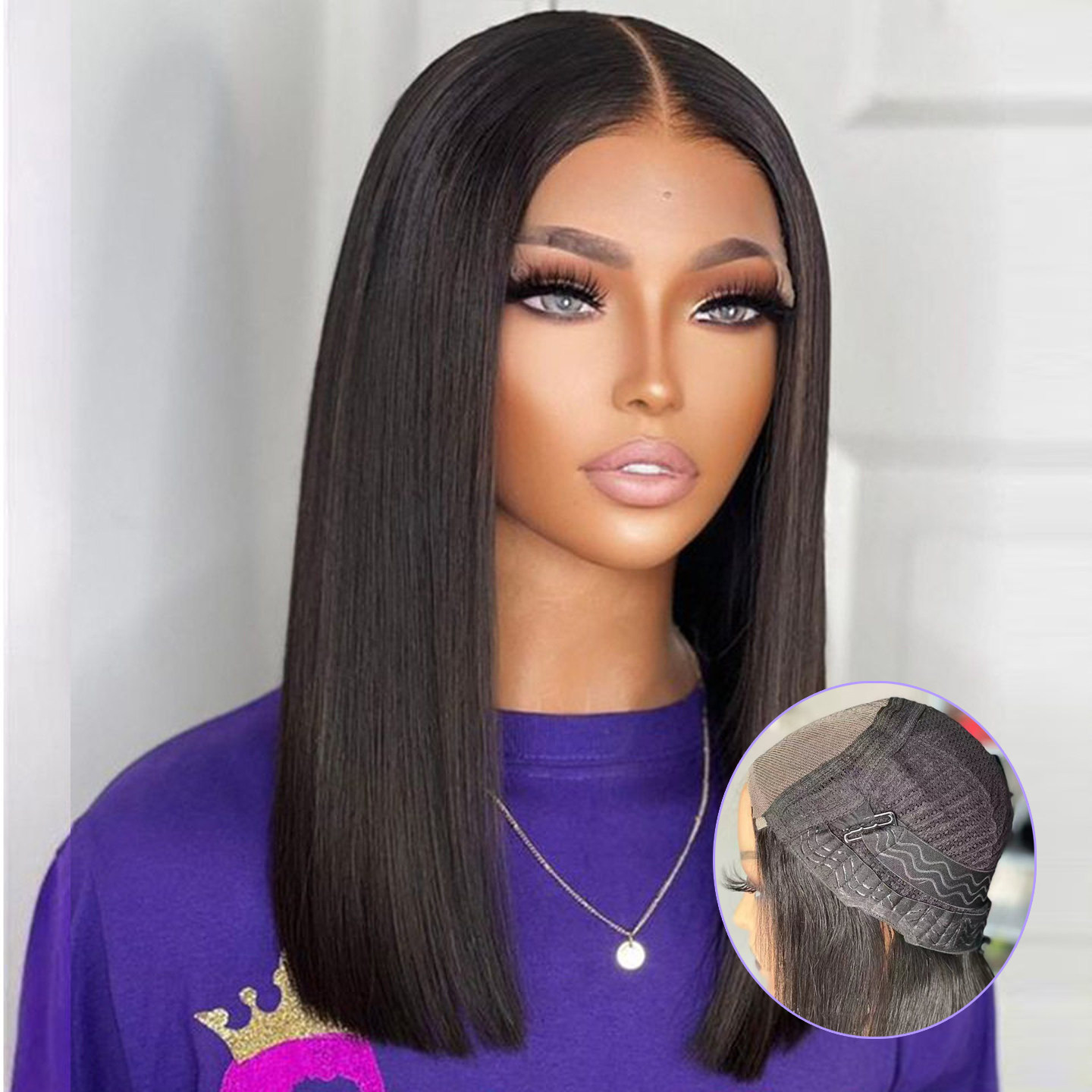 欧美假发女前手织蕾丝中长直发真发全头套黑色骨直发短发lace wig