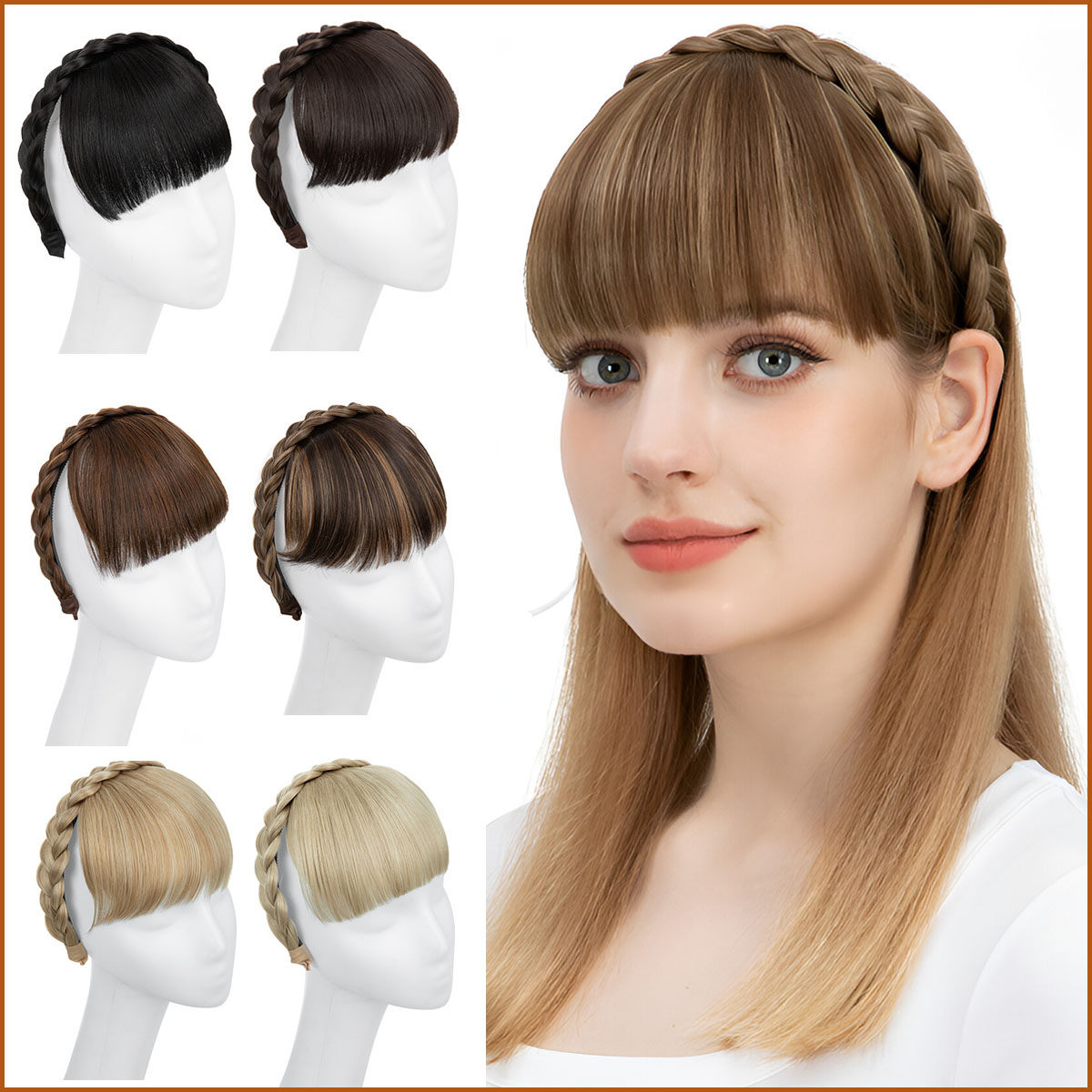 欧美假发女麻花辫子发箍齐刘海片假发隐形自然前额假刘海发片wigs