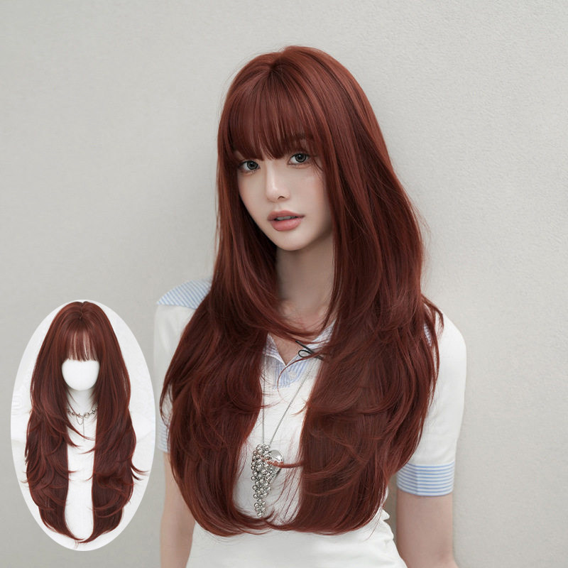 烟红棕色假发女齐刘海微卷长发假发全头套蓬松自然微翘长直发wigs
