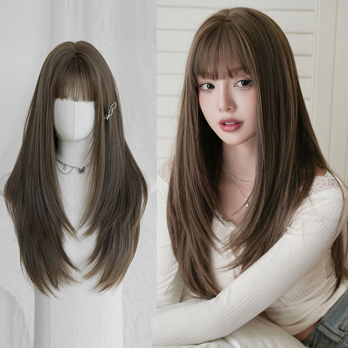 薄荷茶棕色假发女空气刘海长直发假发套韩式层次感长发Long Wigs