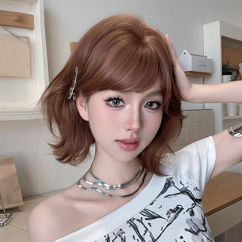 焦糖粉棕色假发女齐刘海短卷发假发头套外翻锁骨发短发short wigs