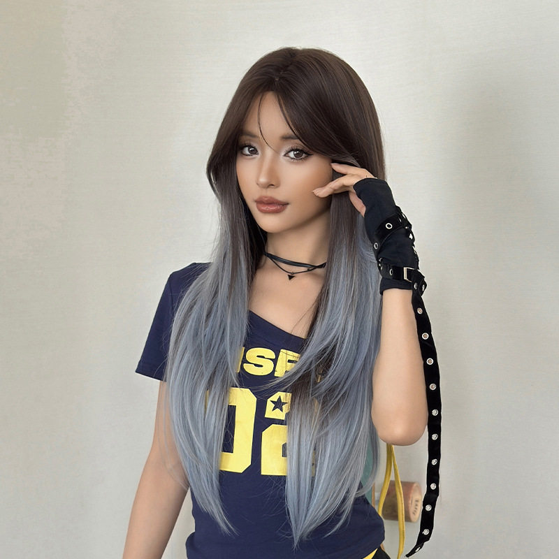 渐变牛仔蓝色假发女中分刘海高层次感长直发假发全头套long wigs