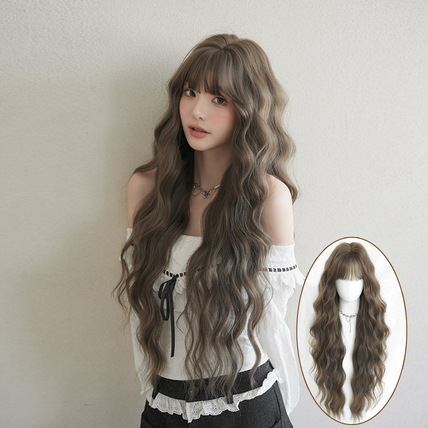 灰棕色假发女空气刘海水波纹长卷发蓬松自然超长发Extra long wig