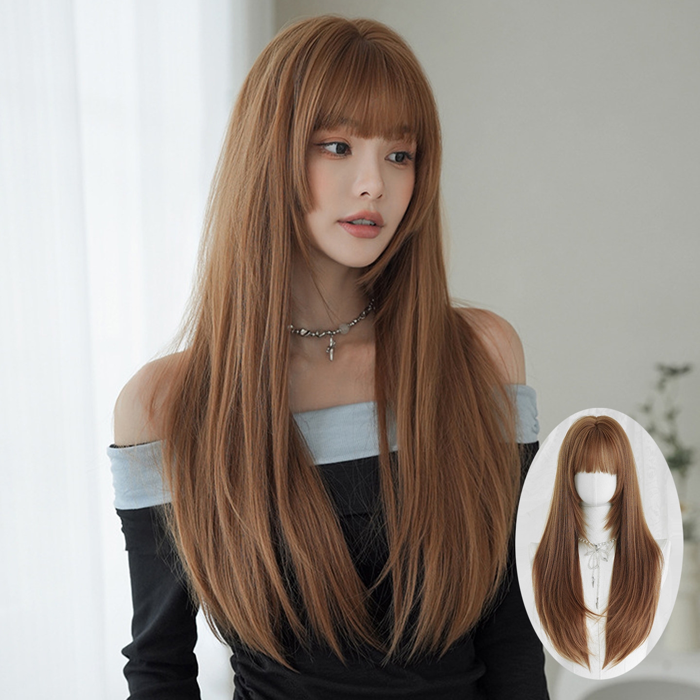 摩卡色假发女姬发公主切层次刘海长直发假发显白自然齐腰长发wigs