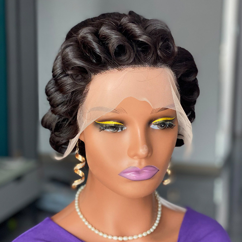 复古小精灵假发女前蕾丝短卷发真发头套pixie cut lace front wig