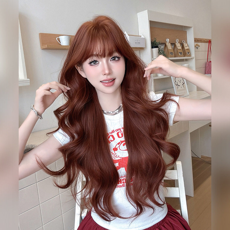 橘红色假发女齐刘海长卷发假发头套蓬松仿真发显白大波浪长发wigs