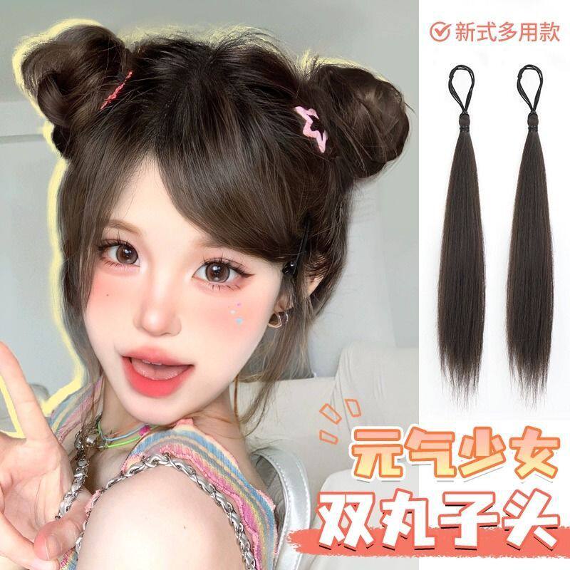 新款假发女皮筋式发圈直发束元气少女双丸子头发束长直发马尾辫