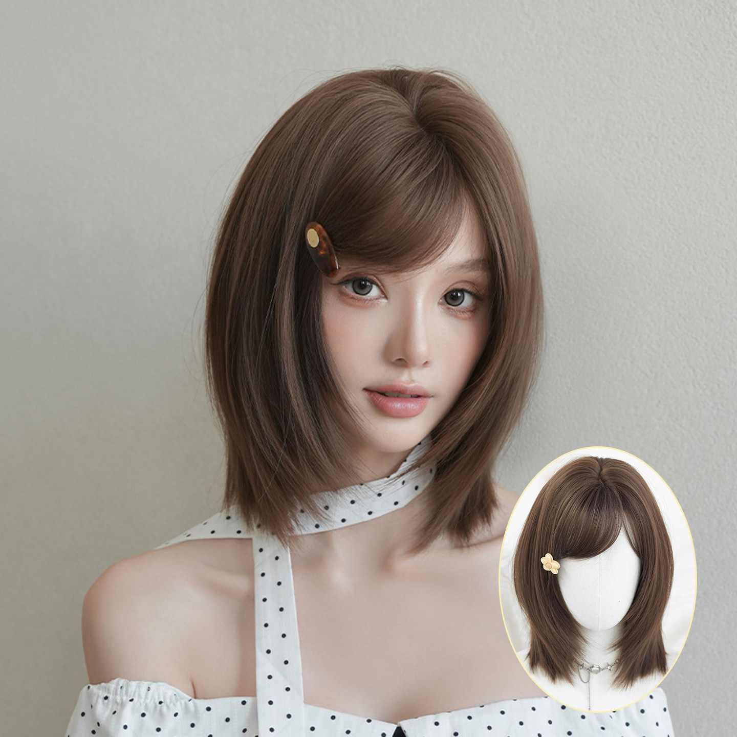栗棕色假发女偏分斜刘海短发假发全头套可爱修脸短直发short wigs