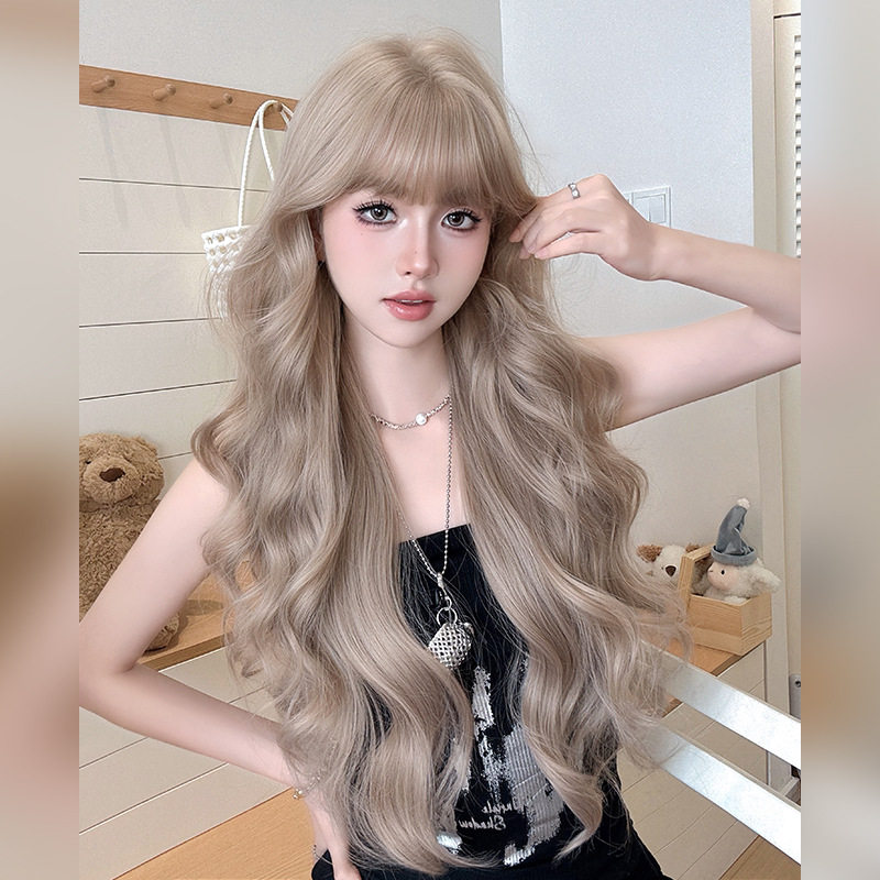 奶茶灰棕假发女齐刘海大波浪长发假发蓬松自然长卷发头套long wig