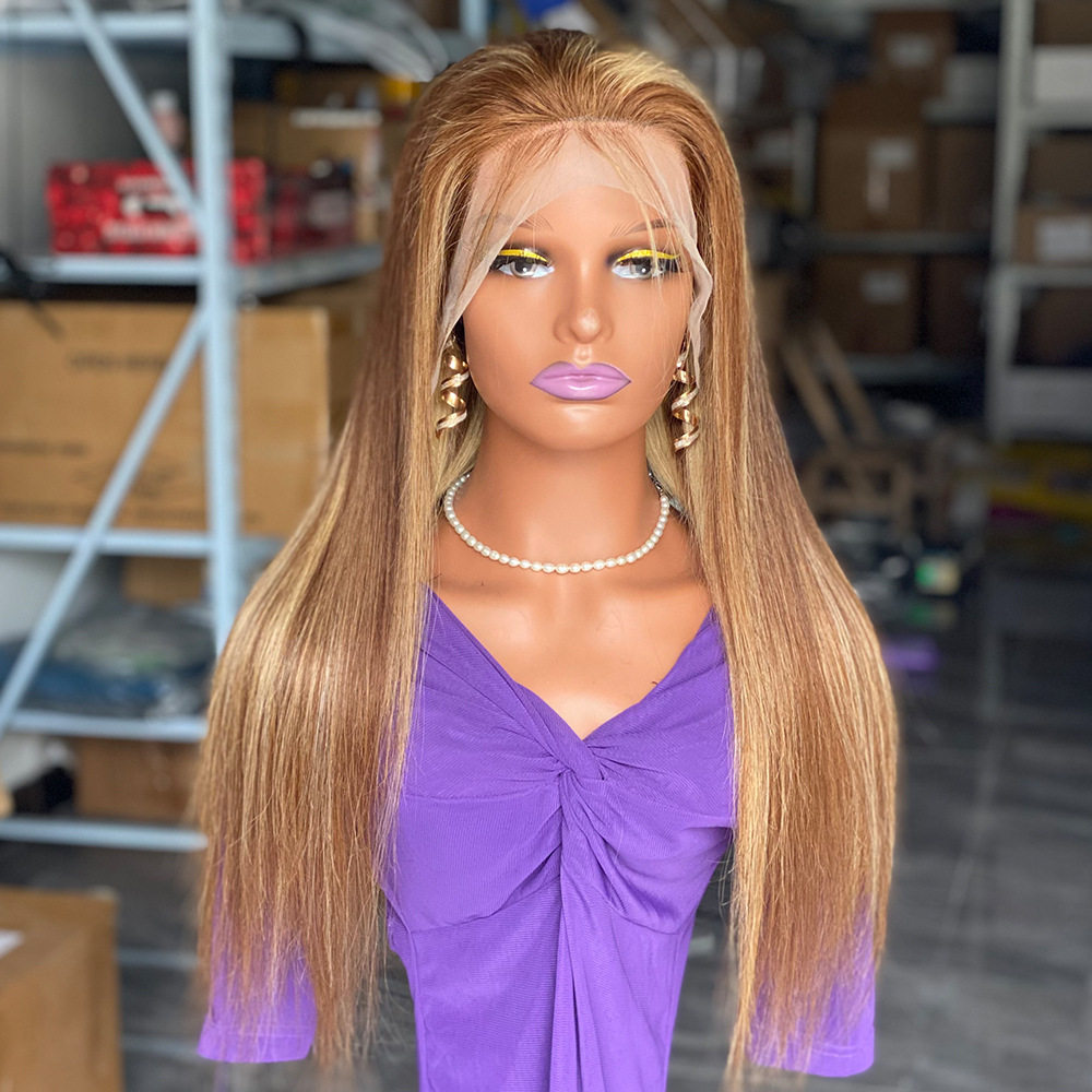 非洲假发女前手织蕾丝长直发真发全头套挑染金色长发lace wigs