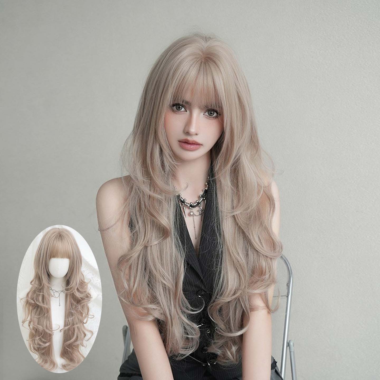 雾灰粉色假发女层次感鱼尾发卷长发假发蓬松自然修脸长卷发wigs