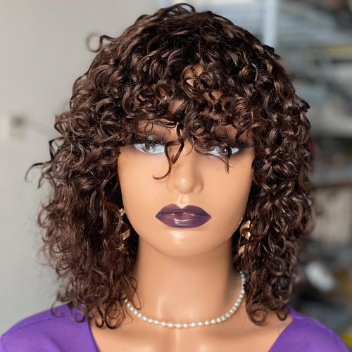 非洲假发女卷刘海短卷发真发全头套蓬松卷曲发短发human hair wig