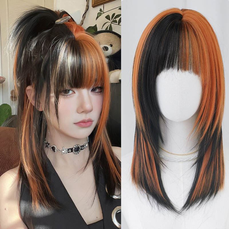 黑橙双拼色假发女动漫COS层次感中长直发假发全头套仿真修脸wigs