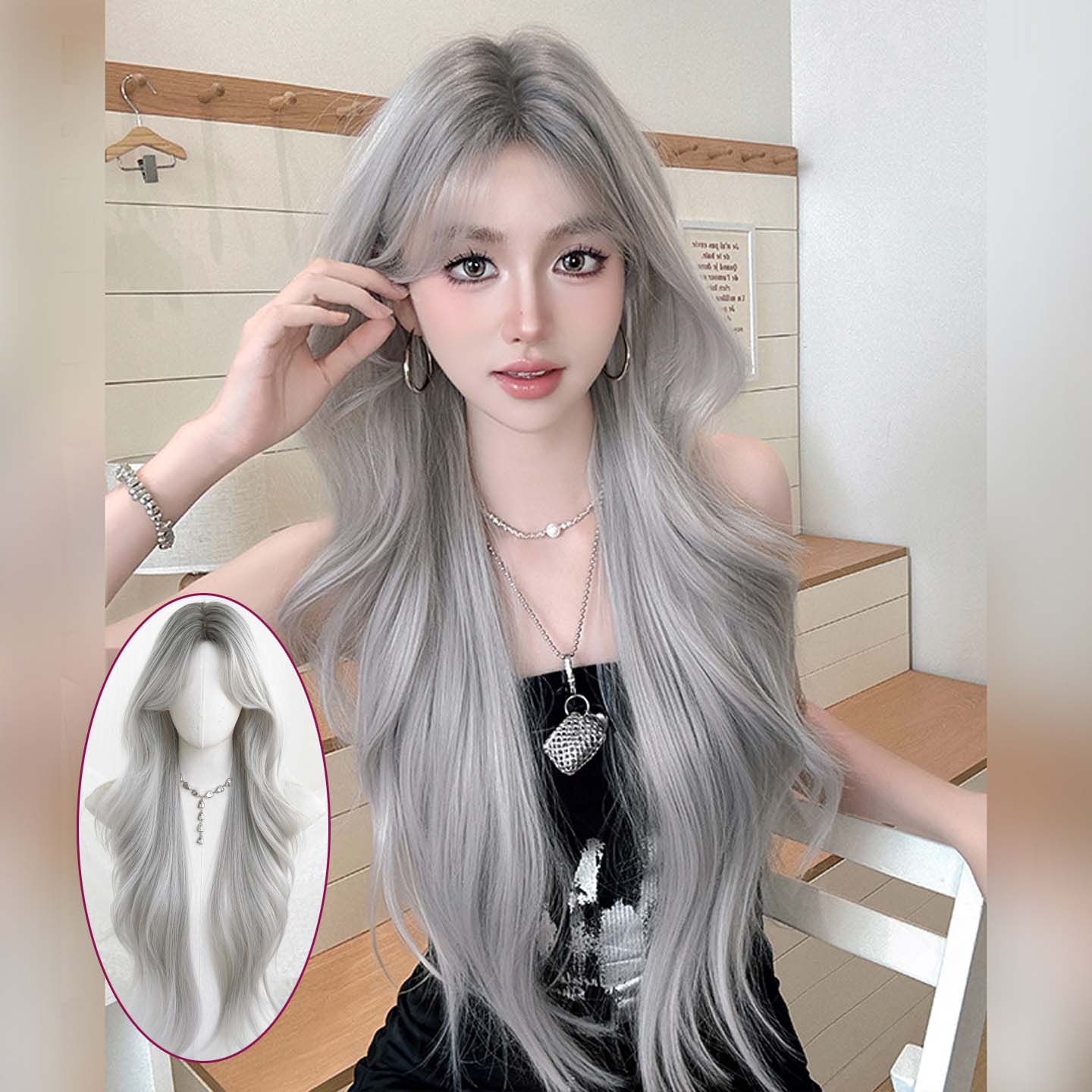 星灰头顶染假发女中分刘海长卷发假发头套蓬松仿真发大波浪超长发