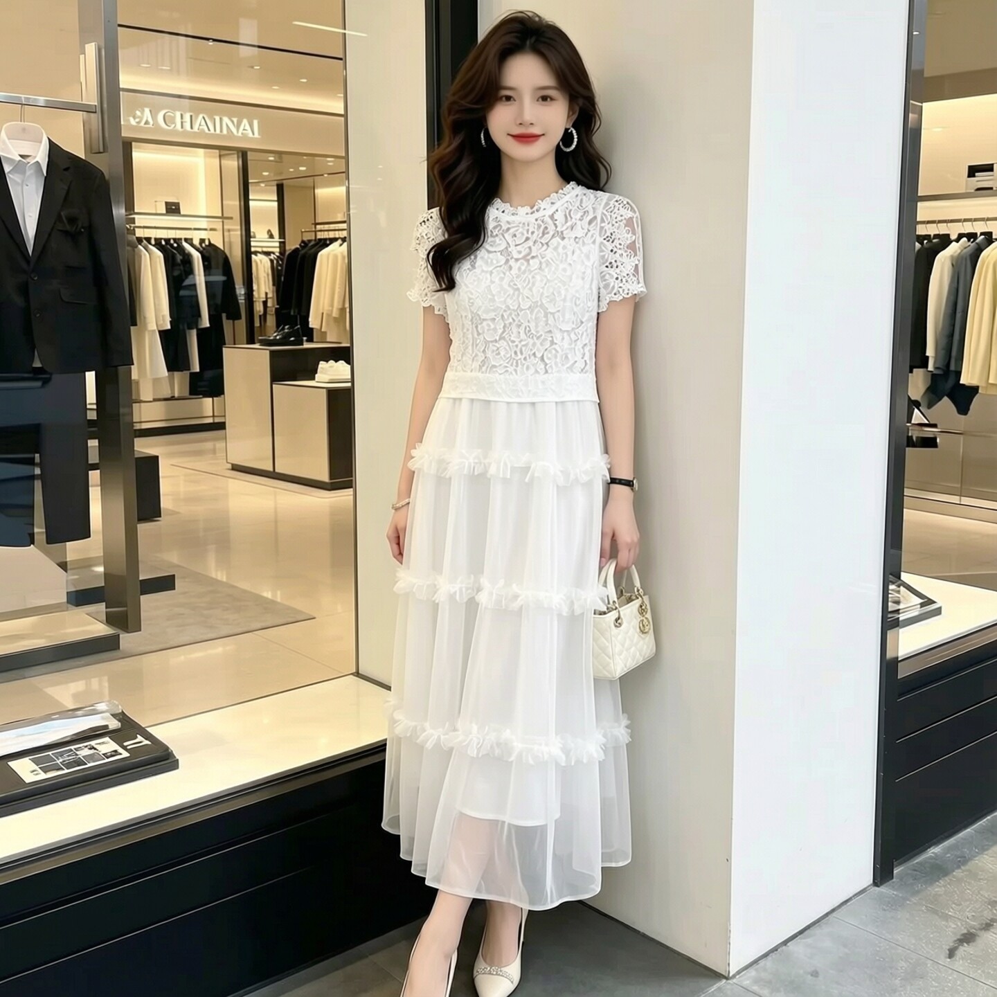 2026夏二三线品牌 衣佳人折扣女装 蕾丝拼接网纱长裙连衣裙
