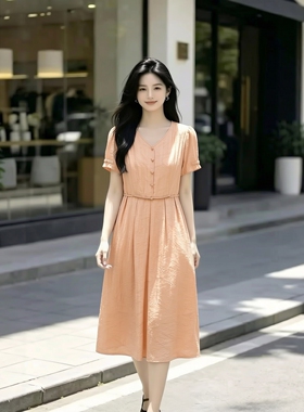 2026夏H海系列1 衣佳人折扣女装 V字领 盘扣腰部收腰连衣裙 4367