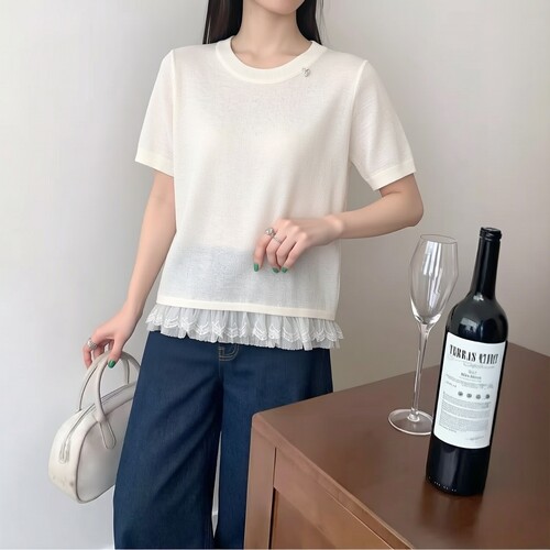 2026夏莱L系列1 衣佳人折扣女装 蕾丝拼接 纯色短袖针织衫 135