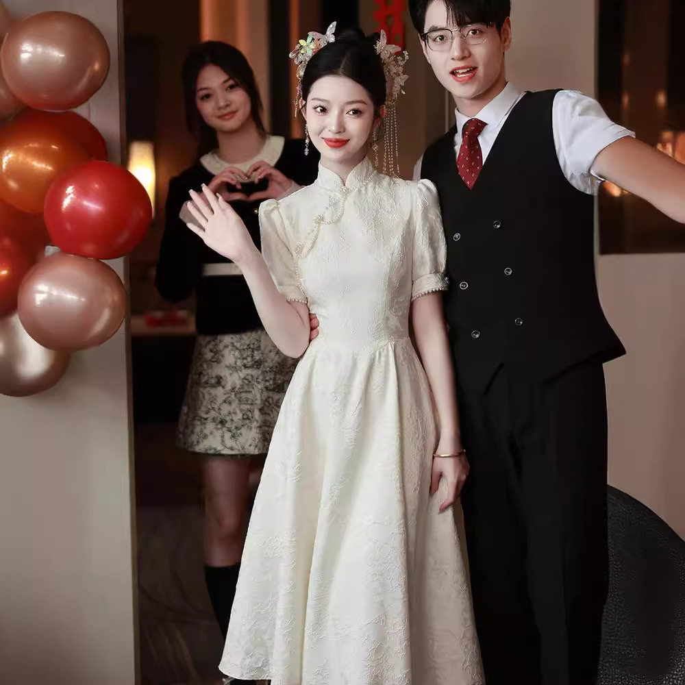 白色旗袍订婚连衣裙日常平时可穿领证登记礼服裙小个子白裙子礼服